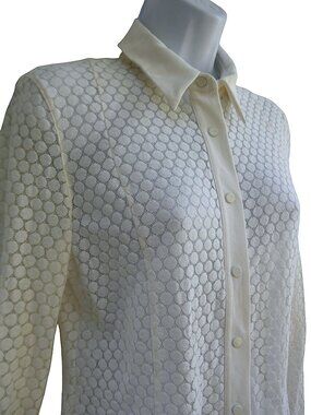 Akris Punto Kaleidoscope Guipure Dot Lace Sheer Collared Blouse Cream Snap Front